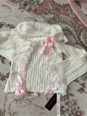 ROMWE Cream Knit Sweater with Pink Ribbon Details